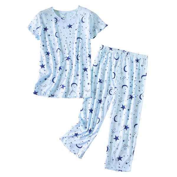 PNAEONG Women’s Pajama Set - Cotton-Blend Short-Sleeve Loose Top with Matching Capri Bottoms SY215-Blue Star-M