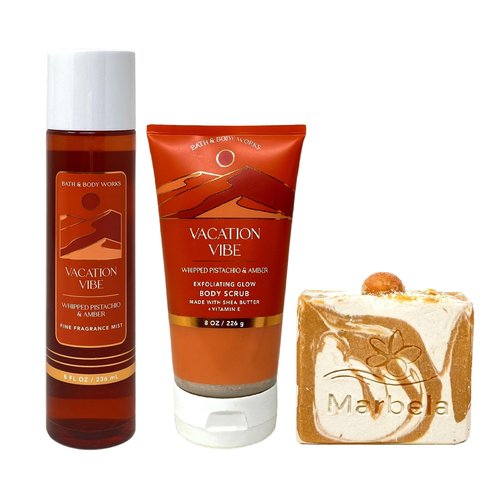 Bath & Body Works Vacation Vibe Fragrance Mist and Body Scrub Set with a Peach Gardenia Bar Soap - Full Size