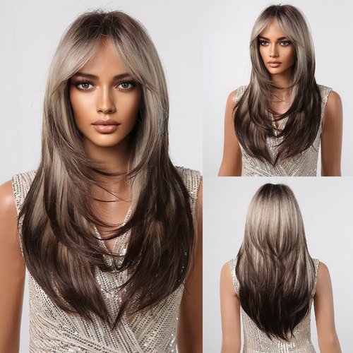testar Blonde Brown Wigs With Curtain Bangs,Long Straight Wigs For Women Cosplay Wig Natural Looking Synthetic Layered Wigs For Daily Use 24IN