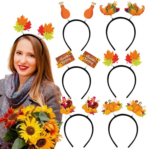 Ncozwo 6 Pcs Thanksgiving Headband Turkey Pumpkin Maple Leaf Chicken Leg Head Boppers Thanksgiving Head Hoop Costume Hair Band Accessories for Thanksgiving Dinner Decor Autumn Themed Party Supplies
