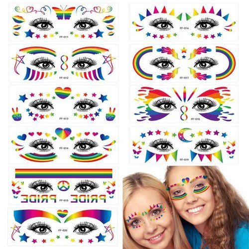 Pride Day Temporary Tattoo Sticker Rainbow Theme LGBT Face Fake Tattoos Sticker Love Is Love Flash Waterproof Fashion Body Art Men Women Child 10 Sheets