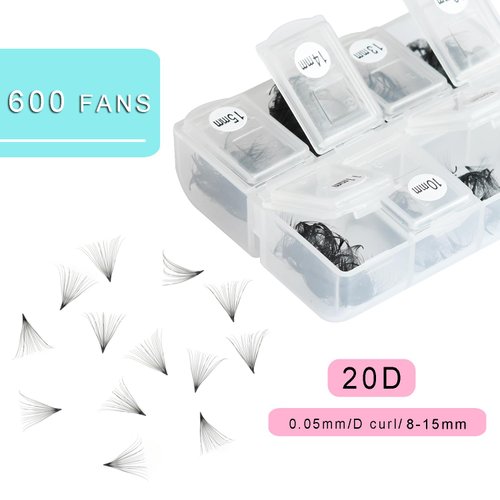 600 Fans 20D Premade Volume Eyelash Extensions 8-15mm Mixed Length Pre-made Fans Thin Volum Lash Extensions D Curly Handmade Loose Volume Lashes (20D-0.05-D-8-15mm）