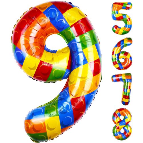 40 Inch Building Block Number Balloon, Number 9 Balloons Colorful Number Block Foil Balloons Big Helium Balloon Numbers for Girls Boys Birthday Brick Theme Party Decorations (Number 9)