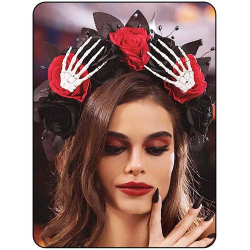 Woeoe Day of The Dead Floral Headband Halloween Rose Flower Crown Skeleton Hand Costume Party Headpiece for Women and Girls