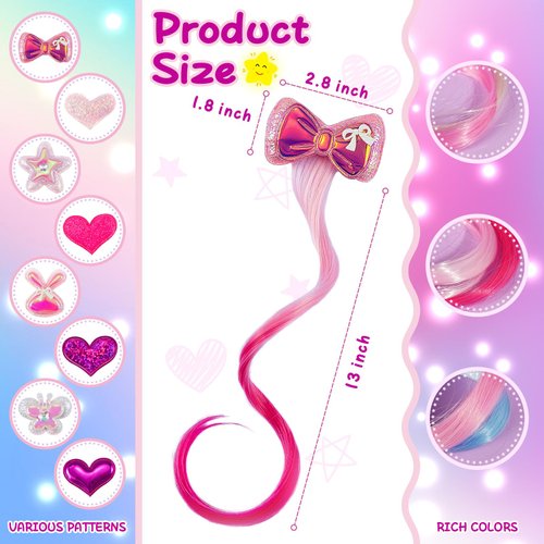 12 Pieces Hair Clips for Girls, Bow Curly Pink Gradient Hair Extensions for Kids, Little Girl Hair Clips Accessories for Ponytails Princess Dress Up
