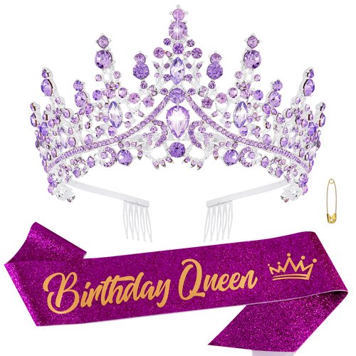 ATODEN Birthday Queen Sash Purple Tiara Crown Tiaras and Crowns for Women Girls Crystal Princess Tiara Rhinestone Headbands Quinceanera Crown Headpieces Happy Birthday Decorations Accessories for
