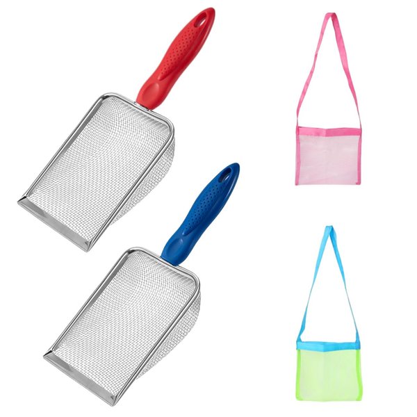 4PCS Beach Mesh Shovel with Seashell Bag Beach Bag Kids Shell Collecting Sand Scoop Sifter Shovel Seashell Bag for Boys and Girls Picking Up Shells Sifter Sand