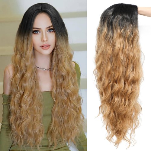 GOWIT Ombre Honey Blonde Wigs for Women 30 Inch Long Wavy Wig Glueless Middle Part Curly Wavy Wigs Natural Looking Heat Resistant Synthetic Wig for Halloween Christmas Daily Cosplay Party Use