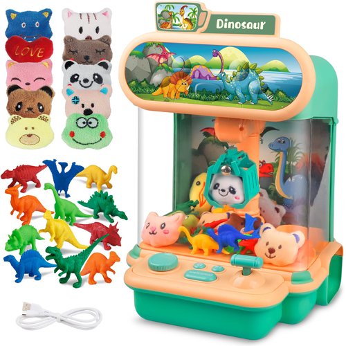 Claw Machine for Kids, Dinosaur Vending Toy for Boys, Mini Candy Grabber Prize Dispenser with Sound, 12 Dinosaur Figures 10 Mini Plush Toys, Electronic Arcade Game for Home Party Easter Birthday Gift