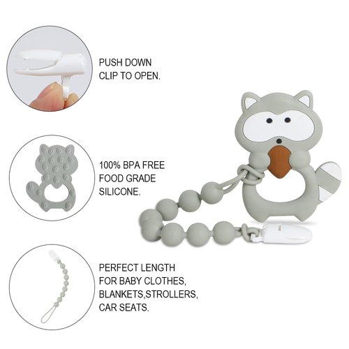 Baby Teething Toys,Food Grade Silicone Teether with One-Piece Pacifier Clip Holder,Shower Gift,Highly Effective Pain Relief for 3 Months+ Boy and Girl,BPA Free,Freezer Safe. (Gray Raccoon)