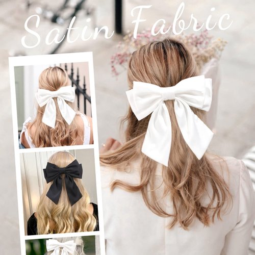 2Pcs Big Satin Hair Bows for Women Girls 8 Inch Barrette Hair Clip Long Black Silk Ribbon bride Wedding Bows French Style Hair Accessories (Black+White-A)