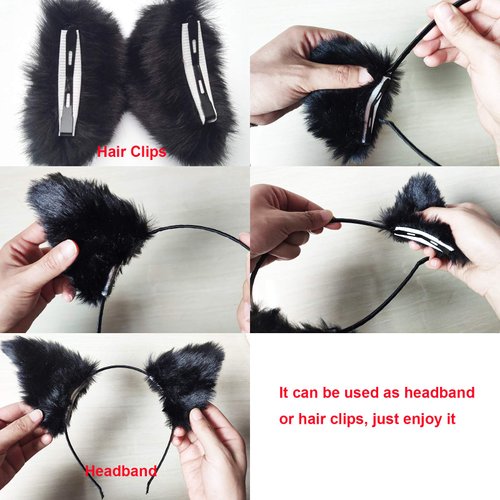 Cat Ears Headband Hair Clips Fox Ears Hair Bands Barrettes Women Furry Kitty Kitten Cat Headpiece Hairband Hair Hoop Halloween Party Decoration Cosplay Costume Handmade Hair Accessories Leopard Pink