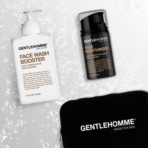 Gentlehomme Facial Kit - Pouch, Facial Cream & Cleanser for Men, Face Essentials for Travel, Men's Travel Skincare Set - Includes Facial Cream (1.8 oz), Exfoliating Face Wash Booster (3.4 oz) & Pouch