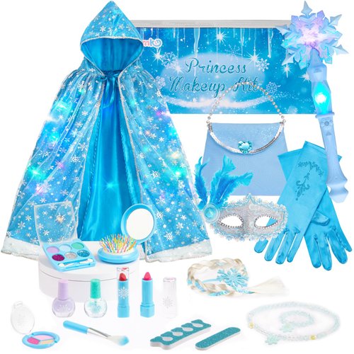 Frozen Toys for Girls-Princess Dress Up Set, 3 Lighting Mode Princess Cape, Music & Lighting Wand, Makeup Kit, Bag, Mask, Gloves, Dress-up Accessories for Princess Cosplay Costume for Age 3+
