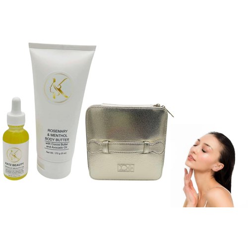 Katz Beauty Rosemary & Menthol Body Butter with Shea Butter and Avocado Oil 6 oz with Miracle Beauty Oil 1 oz and Cosmetic Bag
