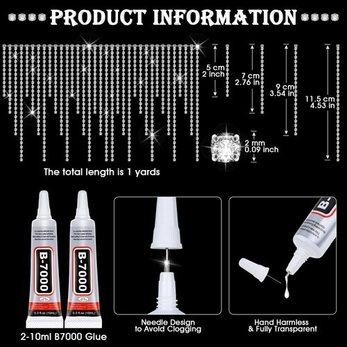 Tetutor Rhinestone Fringe with B7000 Glue, 1 Yard Sparkle Rhinestone Trim Rhinestone Fringe Belt Rhinestone Fringe Trim, Sliver Diamond Fringe Rhinestone Tassel Chain for Jeans Clothing DIY