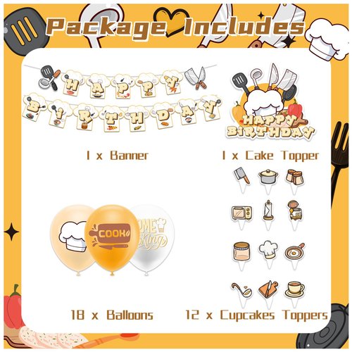 Cook Party Decorations Home Cooking Birthday Party Supplies Includes Cook Kitchenware Birthday Banner, Cake Topper, Cupcake Toppers, Balloons