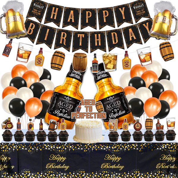 Whiskey Birthday Party Decorations for Men Aged to Perfection Party Supplies Include Birthday Banner Whiskey Garland Tablecloth Cake Toppers Foil Balloons for Whiskey Party Decorations for Dad Daddy