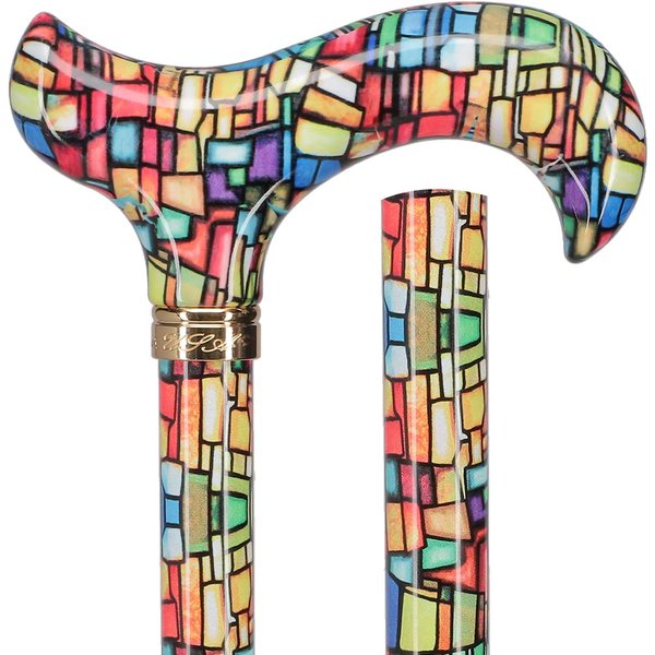 Mosaic Stained Window Adjustable Designer Derby Walking Cane with Engraved Collar
