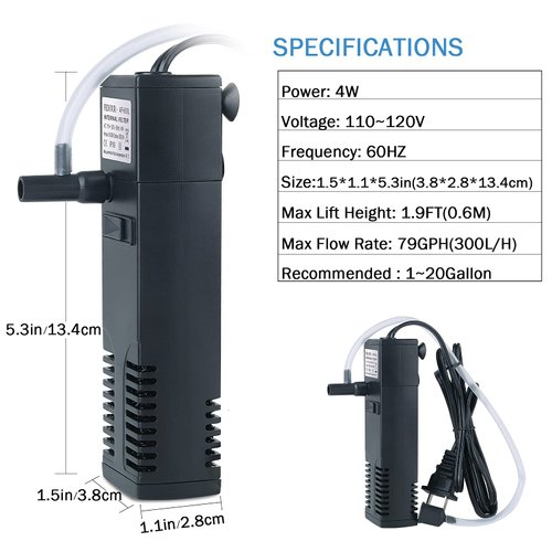 FEDOUR Submersible Aquarium Internal Filter, Filter with Water Pump for Fish Tank up to 35 Gallon (for 1-20 Gallon)