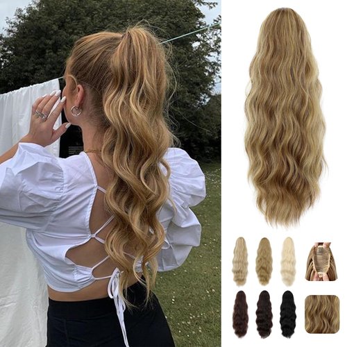 Wodelanle Ponytail Extension, 20 Inch Drawstring Ponytail Extension Long Blonde Brown Wavy Pony T...