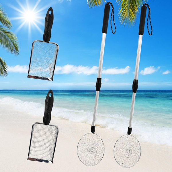 CIEOVO 6 Pcs Beach Shelling Tools Set Include 2 Sand Sifter with Extra Long Adjustable Handle 2 Mesh Beach Bag and 2 Beach Mesh Shovel Sand Scoop for Kids Collecting Shells