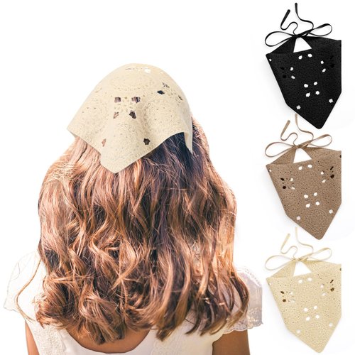 Velmitten 3 Pcs Crochet Bandana Headscarf Hair Scarf Headbands for Women Girls Knitted Head Kerchief, Black Beige Khaki