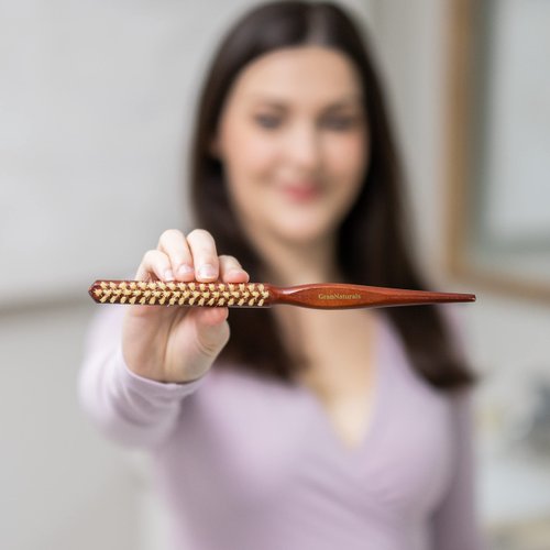 GranNaturals Soft Boar Bristle Teasing Brush for Slick Back Hair, Backcombing, Edge Control, Smoothing Baby Hairs to Create Volume and Sleek Hairstyle - White Bristles - Wooden Rat Tail Comb Handle