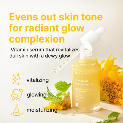 Face Republic Vita Capsule Luminous Serum 45ml 1.52 fl oz | Revitalizing, Radiant Glow for Dull, Dry Skin | Vitamins, Lemon Extract, Niacinamide 5%, Jojoba Seed Oil | Vegan Korean Skin Care