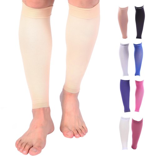 Doc Miller Calf Compression Sleeve 1 Pair 15-20 mmHg Firm Support Graduated for Sports Running Recovery Shin Splints Varicose Veins (Pale Skin, M)