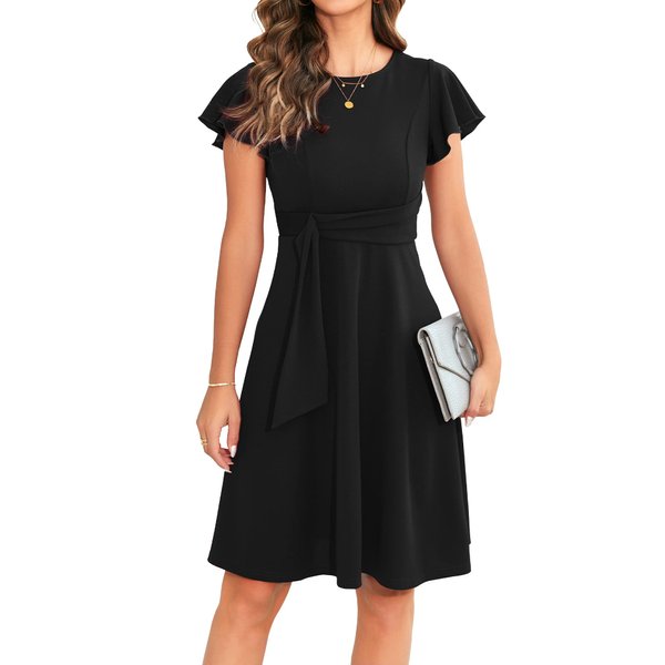 OWIN Summer Dresses for Women Ruffle Short Sleeve Flared Swing A-Line Cocktail Midi Dress Black M