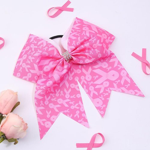 Breast Cancer Awareness Cheer Bows Pink Ribbon Rhinestones Cheerleaders Hair Bow Tie with Elastic Bands Ponytail Holder Hair Accessories for Women Girls