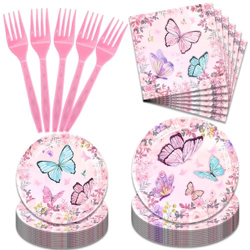 96Pack Butterfly Theme Paper Plates and Napkins Sets, Party Decorations Plates Butterfly Supplies Tableware for Kids (Butterfly)