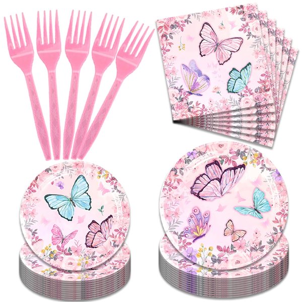 96Pack Butterfly Theme Paper Plates and Napkins Sets, Party Decorations Plates Butterfly Supplies Tableware for Kids (Butterfly)