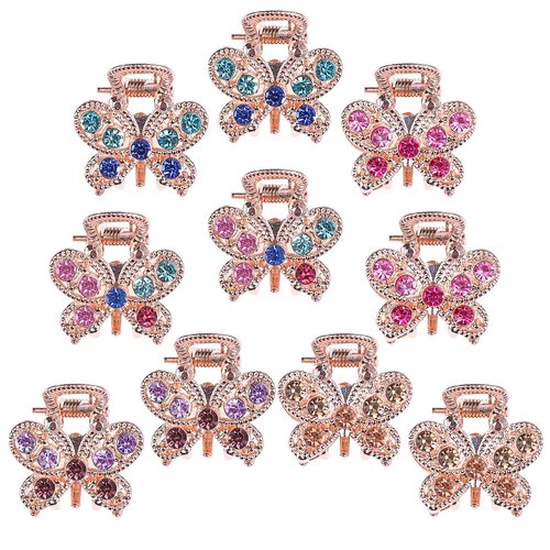 QXUJI 10PCS Rhinestone Hair Claw Jaw Clips, Crystal Metal No-slip Hair Grip Clamps, Mini Butterfly Bangs Clip Bow Hair Claw Gripper, for Women Girls Hair Pins