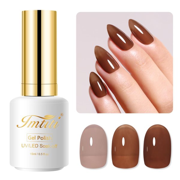 Imtiti Jelly Gel Nail Polish, 15ML Coffee Brown Sheer Jelly Gel Polish Soak Off LED UV Nail Gel Polish Brown Translucent Gel Nail Polish Nail Starter Manicure Salon Nail Kit