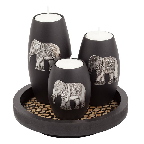 IYARA CRAFT Tealight Candle Holders with Candle Tray Set of 3 Decorative Candle Holders Matte Wood Finish with Inlaid Aluminum Antique Elephant Intricate Details