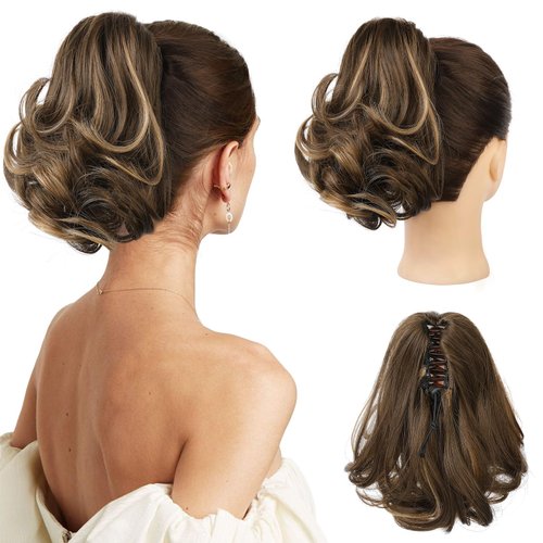 Flufymooz Ponytail Extension, 8 inch Short Claw Ponytail Extension Wavy Curly Jaw Clip in Pony tails Hair Extension Natural Synthetic Hairpiece for Women (Deep Brown with Dirty Blonde)