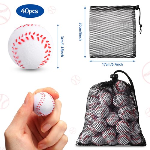 40 Pcs Mini Foam Baseballs, 1.18 Inch Baseball Stress Balls with Drawstring Mesh Bag Baseball Party Favors Soft Baseball Foam Toy Mini Foam Sport Ball for Anxiety Relief Relaxation Party Teens Adults
