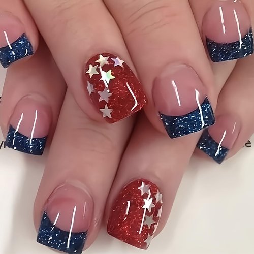 24Pcs Independence Day Press on Nails Short Square Blue French Tip Fake Nails Star Full Cover Red Nails Gel Glue on Nails Glitter False Nails 4th of July Nails for Women Acrylic Nails Decorations