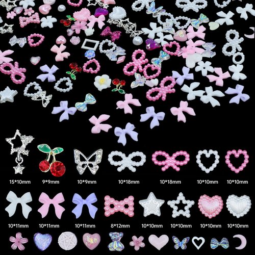 3D Nail Gems Rhinestones Charms Butterfly Star Bowknot Tiny Flower Nail Art Charms Variety Nail Charms Heart Nail Pearls Butterfly Star Cherry Nail Rhinestones Charms for Manicure DIY Accessories