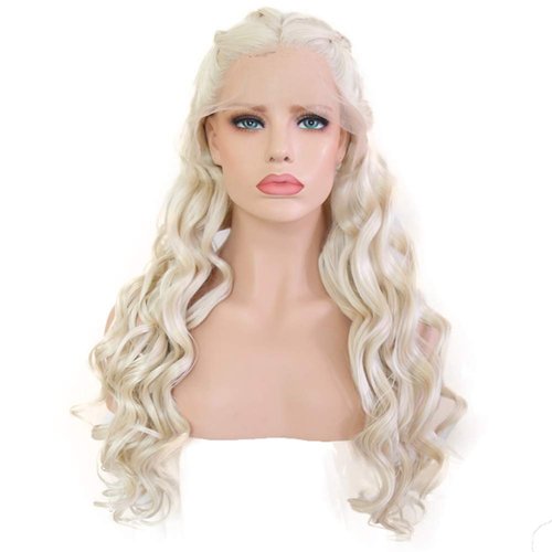 24" Long Wavy 60# Platinum Blonde Glueless Lace Front Wigs For Women Ash Blonde Lace Front Braided Wig Midlle Part Natural Curly Heat Resistant Synthetic Hair Wigs For Dragon Queen Costume Daenerys Ta