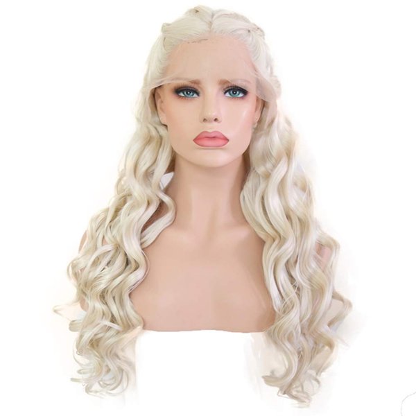 24" Long Wavy 60# Platinum Blonde Glueless Lace Front Wigs For Women Ash Blonde Lace Front Braided Wig Midlle Part Natural Curly Heat Resistant Synthetic Hair Wigs For Dragon Queen Costume Daenerys Ta