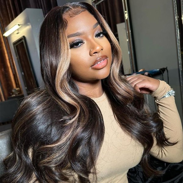 Orijodie Dark Brown Blonde Highlight Colored Body Wave Lace Front Wigs Human Hair Blonde Skunk Stripe 13x4 HD Lace Front Wigs for Women 150% Density Glueless Pre Plucked with Baby Hair 20 Inch