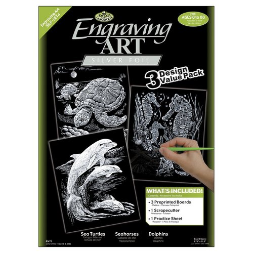 Foil Engraving Art Kit Value Pack 8.75x11.5-Silver - Turtle, Sea Horse & Dolphins