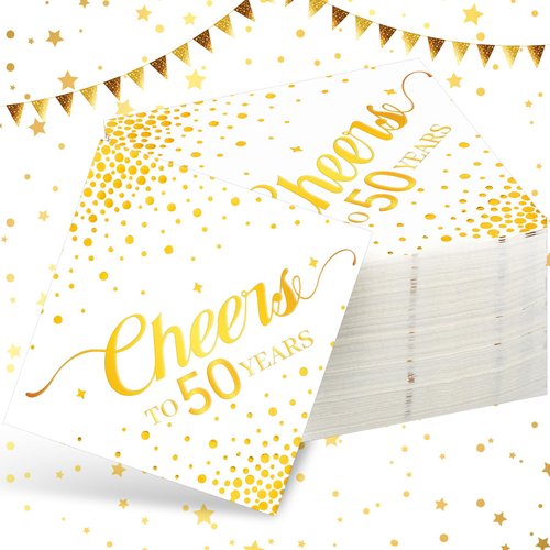 Geelin 180 Pieces Cheers Napkins Gold Cocktail Napkins Beverage Paper Napkins Disposable Bar Napkins for Wedding Reception Anniversary Birthday party Decorations, 5 x 5 Inch(50 Years)
