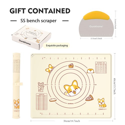 Ourokhome Silicone Baking Mat with Dough Cutter, 20'' X 16" Extra Thick Kneading Rolling mat with Measurement and Conversion Chart for Pastry, Pasta, Pizza, Fondant, Bread, Cookies (Beige)