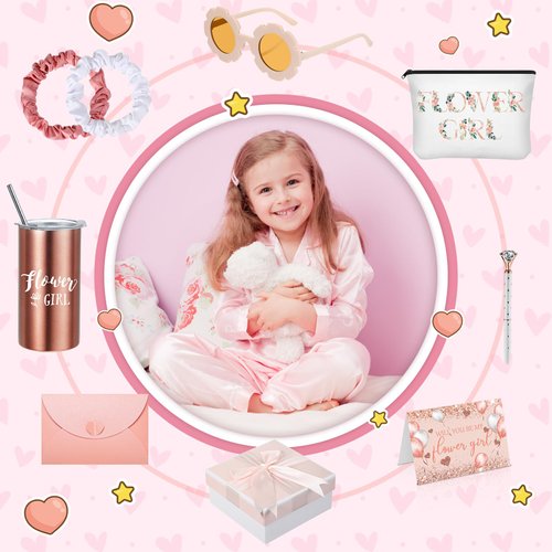 10 Pcs Flower Girl Gifts Set Flower Girl 14oz Tumbler Canvas Bag Satin Scrunchies Kimono Robe Proposal Gift Box Sunglasses Diamond Pen Card Envelope Flower Girl Basket Gifts for Wedding Party (Size 6)