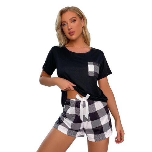 SOLY HUX Women's Short Sleeve Tee Top and Plaid Shorts Lounge Pajama Set Sleepwear Black White S