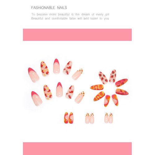 Pikabows Press On Nails Medium Almond Strawberry Swirl Heart Checkboard Flower Fake Nails Acrylic False Nail Tips Kit Glue on Nails for Women